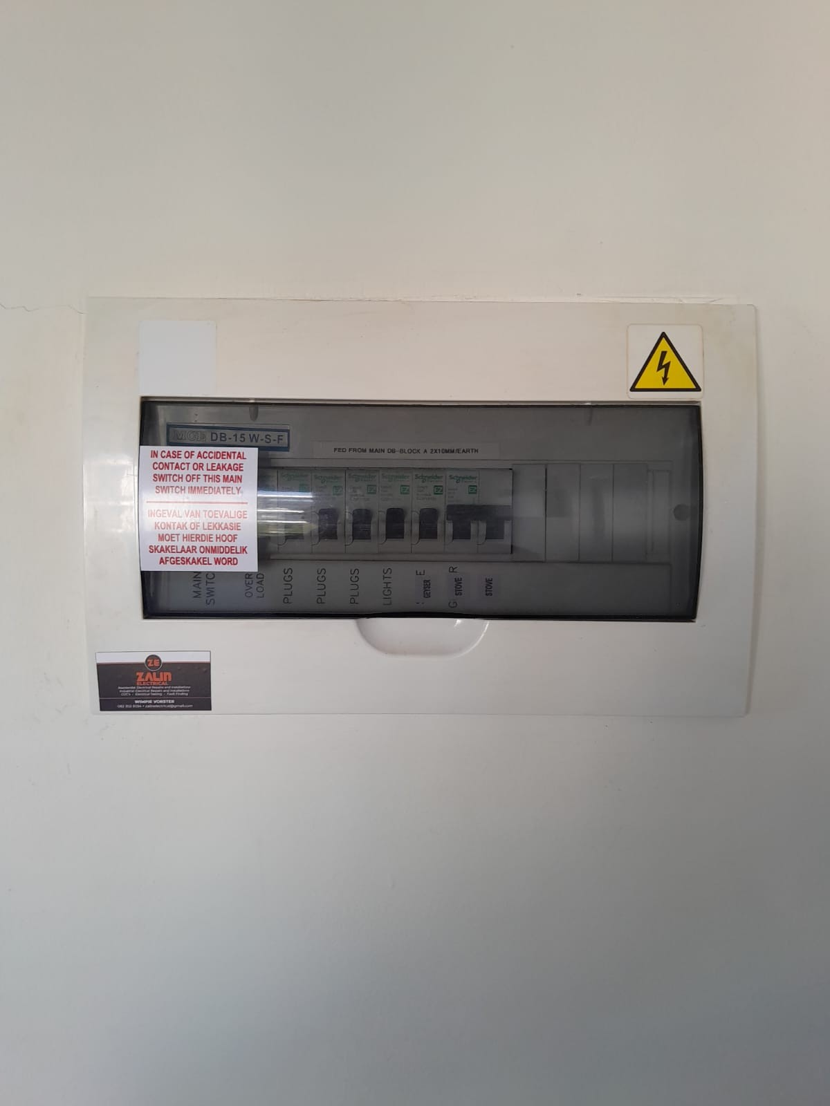 Zalin Electrical — residential DB board with safety cover and company sticker